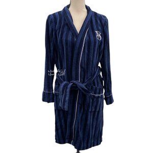 Victorias Secret Navy & Black Striped Embroidered Logo Belted Robe With Pockets